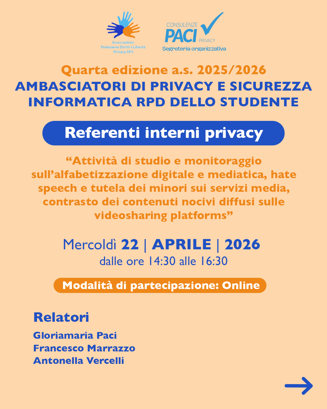 Incontro 22 Aprile 2026 - Ambasciatori di privacy e sicurezza informatica - Rpd dello Studente