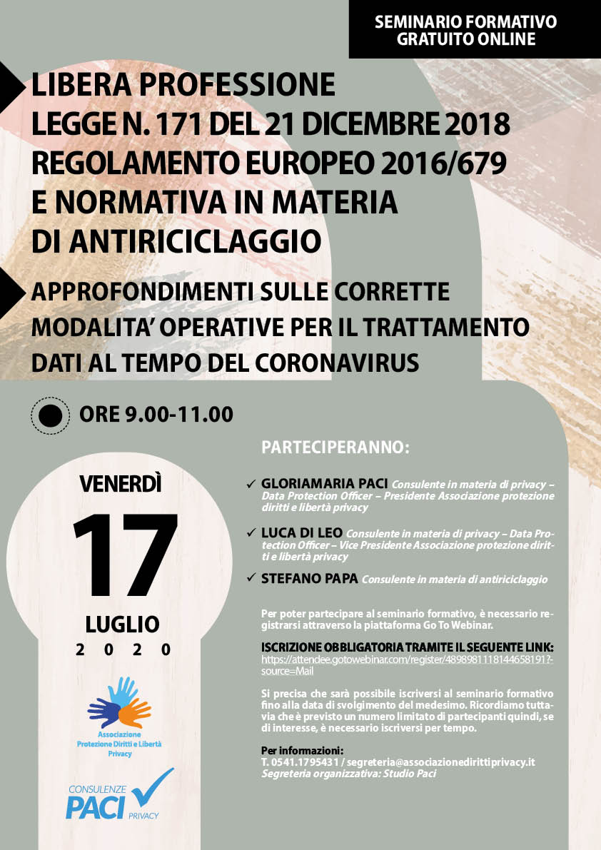 LIBERA PROFESSIONE LEGGE N. 171 DEL 21 DICEMBRE 2018 - REGOLAMENTO EUROPEO 2016/679 E NORMATIVA IN MATERIA DI ANTIRICICLAGGIO